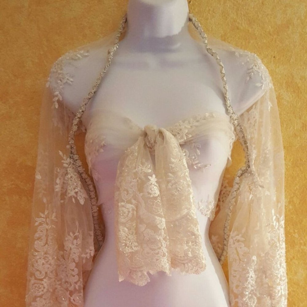 Ivory Beaded Embroidered Lace Shrug & Bandeau Set